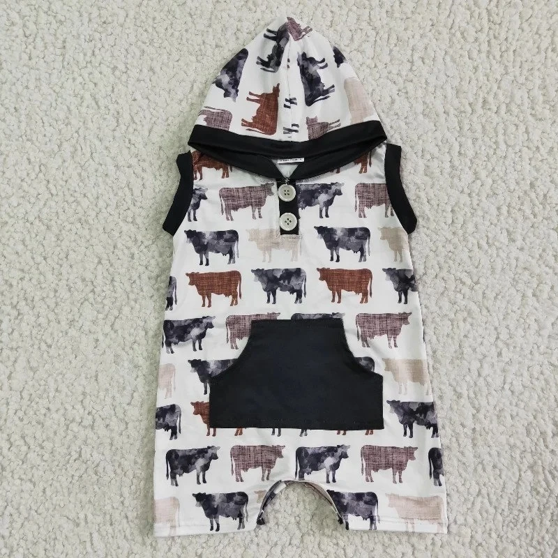 Newborn Western Cow Hoodie Romper Summer Baby Boy Clothing Pocket Jumpsuit Wholesale Kids Toddler Sleeveless One-piece Clothes