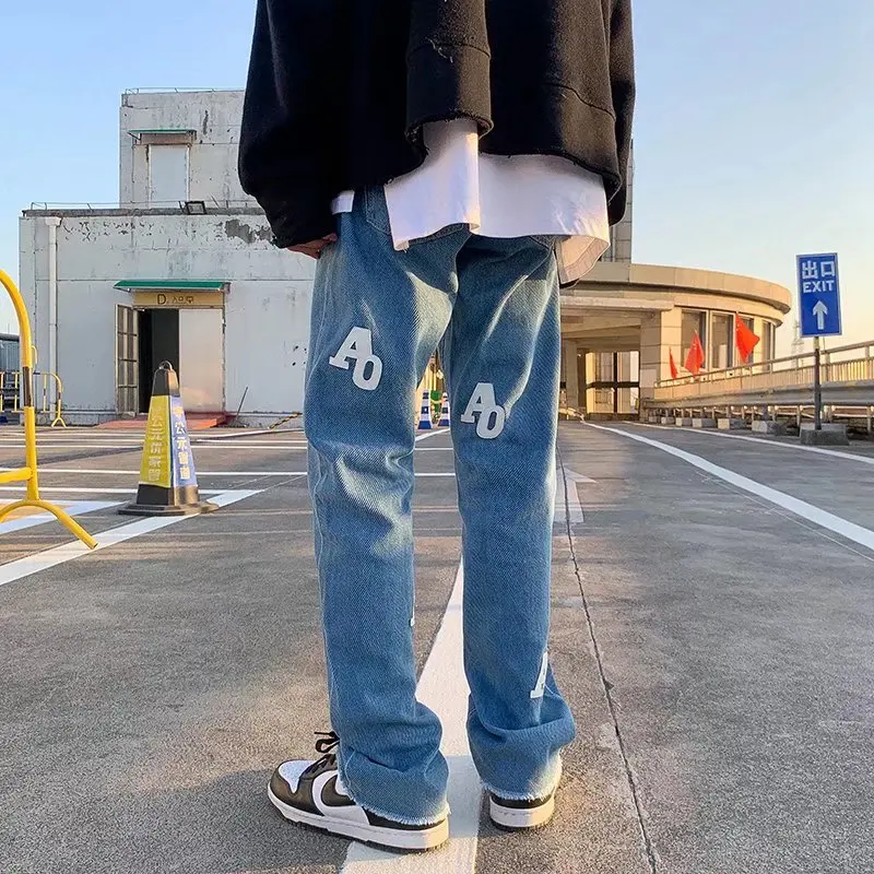 2022 High Street Letter Embroidery Hip Hop Men Slim Jeans Pants Luxury Y2K Clothes Kpop Casual Denim Trousers Pantalones Hombre
