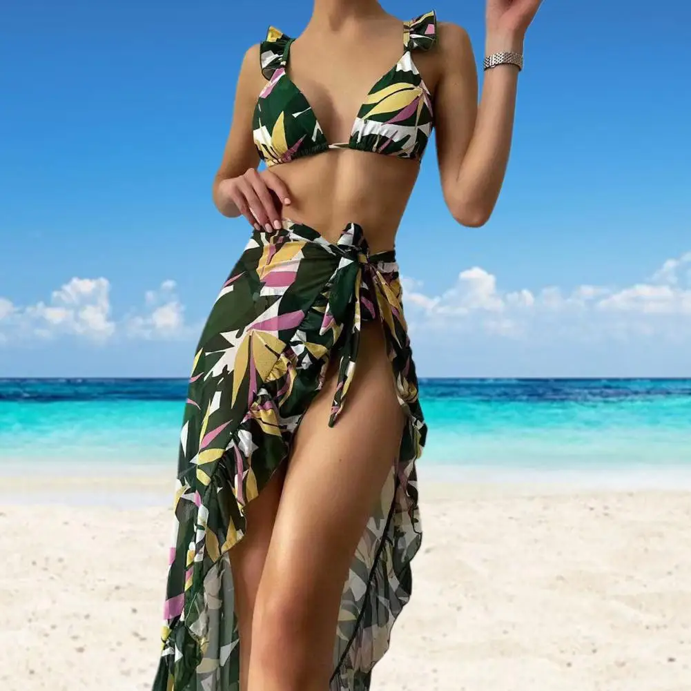 

3 Pcs/Set Swimwear Set Colorful Floral Print Backless Straps Summer Beach Skirt for Swimming