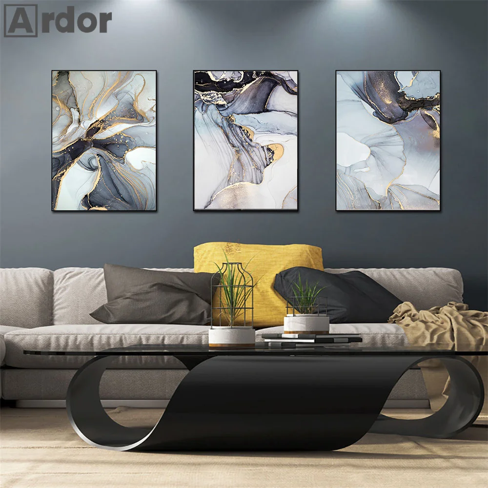 

Modern Marble Canvas Painting Abstract Blue Gold Minimalist Poster Luxury Modern Foil Print Wall Art Pictures Living Room Decor