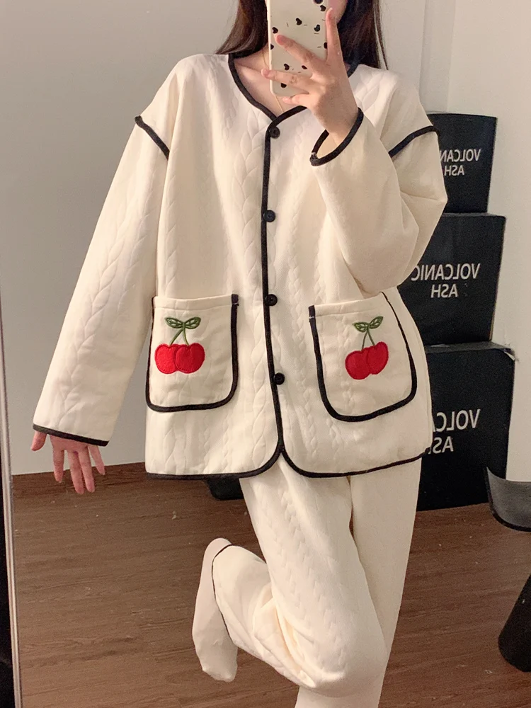 Air Cotton Sandwich Pajamas Women Autumn and Winter Casual High Sense Long sleeve Thickened 2024 New Set Homewear