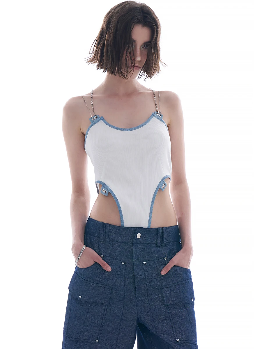 Боди RORORIRI с цепочкой Женское боди высоким вырезом винтажный лоскутный