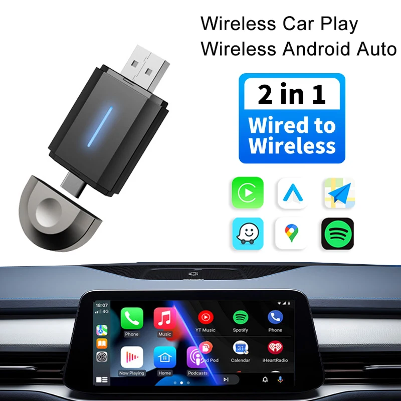 Беспроводной адаптер Carplay Android Auto 2 в 1 USB и Type-C двойной разъем Box беспроводной Plug and