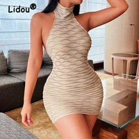 female solid sleeveless high neck casual mini dress backless bodycon sexy streetwear party nightclub 2022 summer women clothing