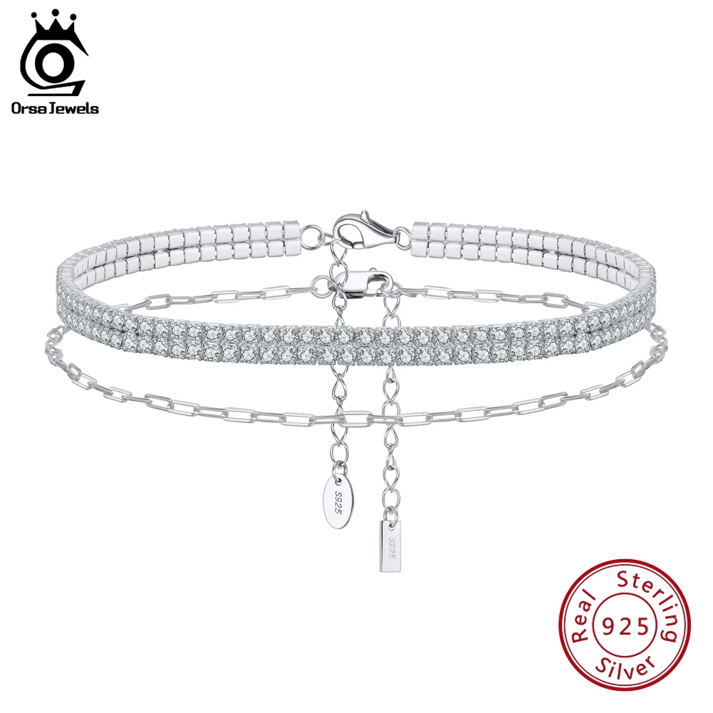 

ORSA JEWELS 925 Sterling Silver Paper Clip & 2 Rows Tennis Chain Anklet AAAA Zirconia Full Paved Anklet for Girls SSA20+22