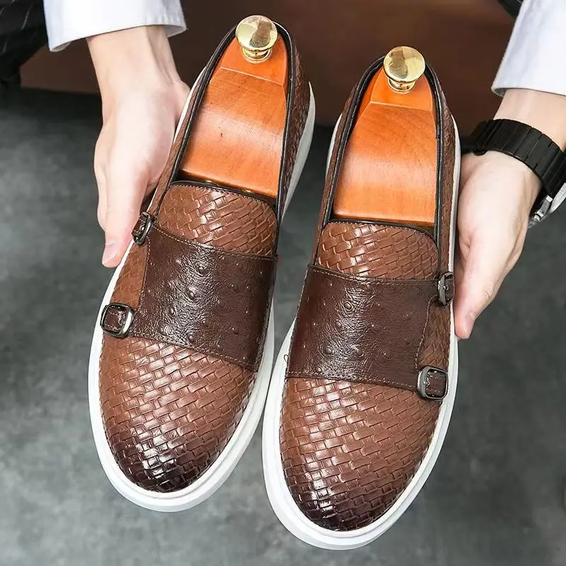 

New Brown Men's Vulcanize Shoes Double Buckle Monk Shoes Black Slip-On Lazy Shoes Handmade Free Shipping Men Casual Shoes