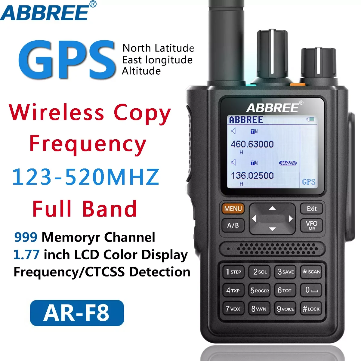 AR-F8 Automatic copy frequency 123-520mhz full band with 999CH Amateur GPS Long Range DistanceTwo Way Radio Walkie Talkie