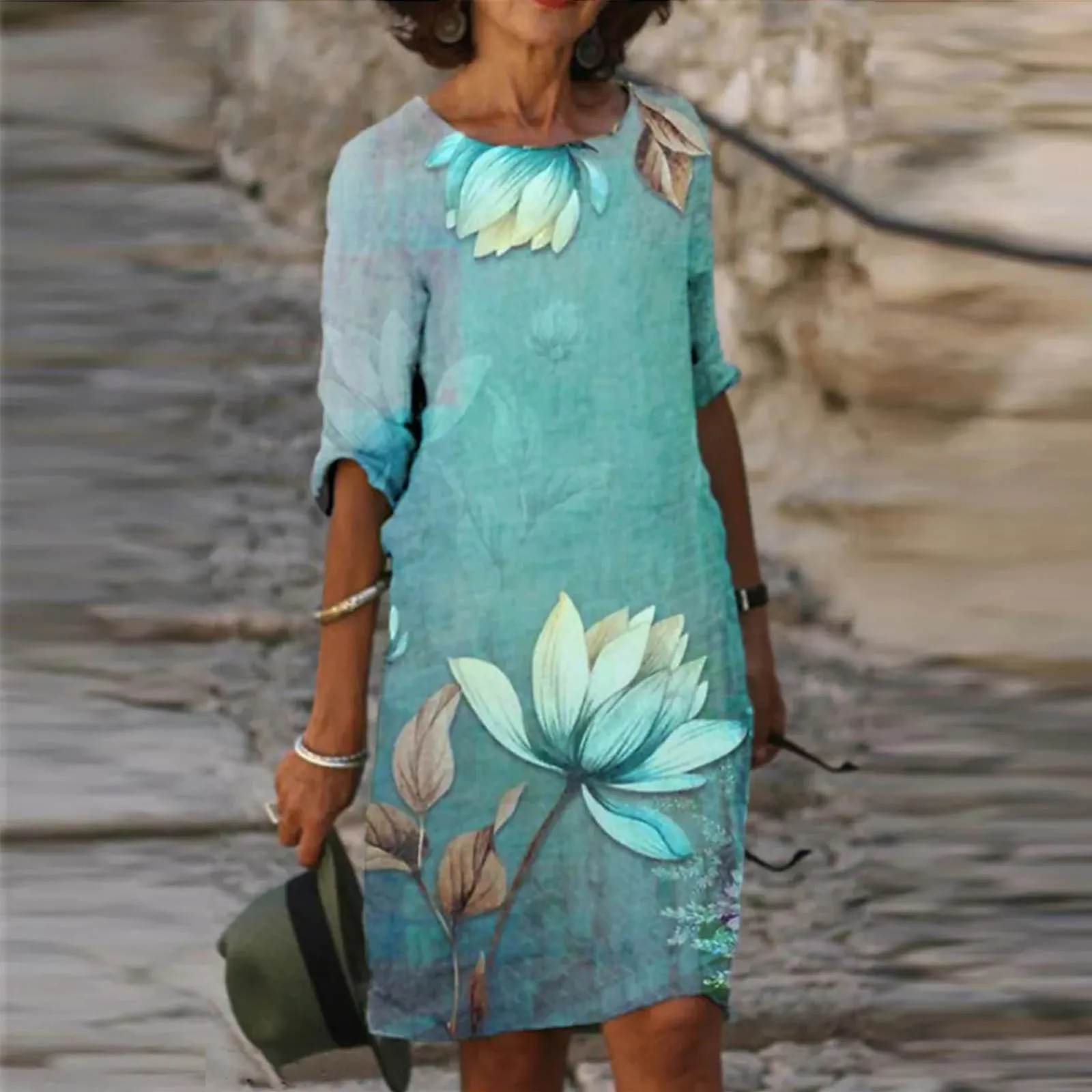 

Womens Sundress Summer V-neck Boho Beach Loose Skirt 2023 Lotus Flower Print Short Sleeve Knee Length Dress Retro Vestidos Mujer