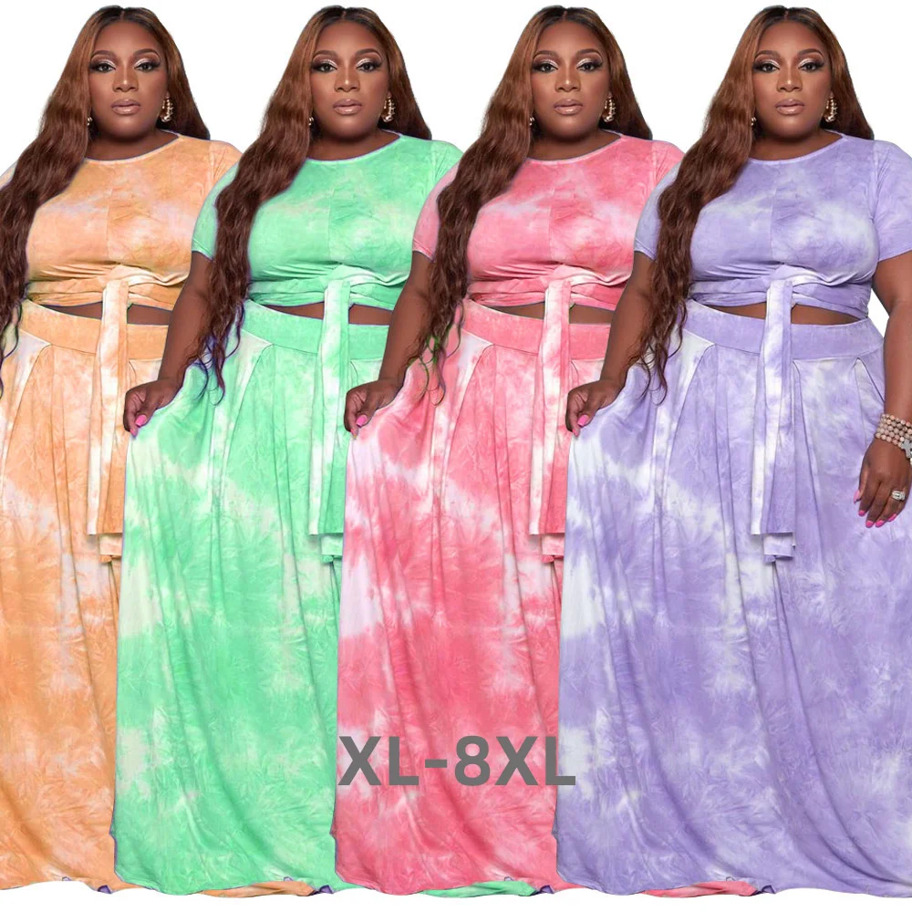 Plus Size Two Piece Set Women Summer Clothing Tie Dye Fashion Streetwear Bandage Crop Top Maxi Skirt Suit Who 3xl 4xl 5xl 6xl