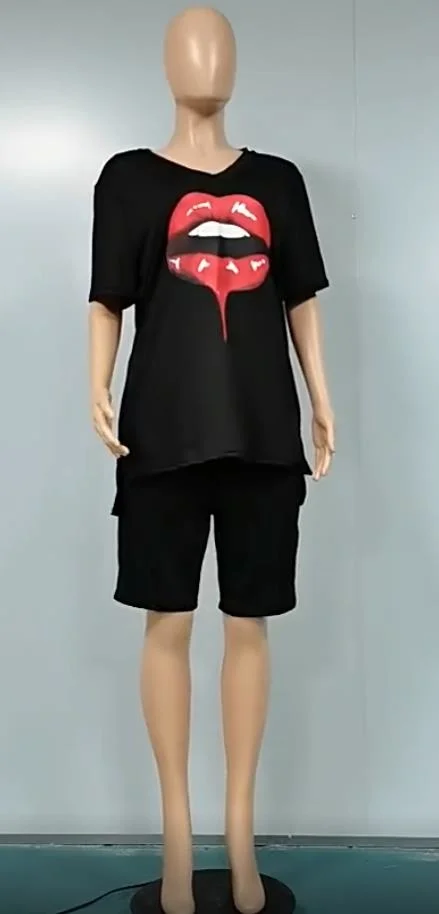 Plus Size Women Sets Green 5xl Fashion v Neck Short Sleeve Shorts Set 4xl Cartoon Lip Print Shorts Sets Womens 3xl 4xl 5xl 6xl