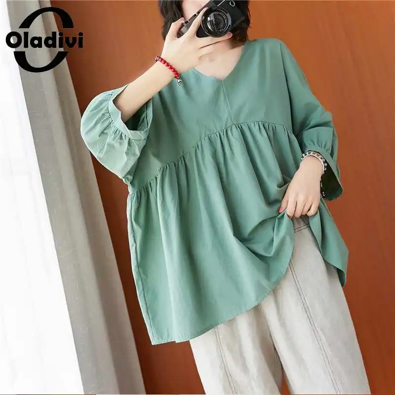 

Oladivi Oversized 3/4 Sleeve Cotton Linen Solid Blouses Women Oversize Casual Loose Shirt Top Tee Big Tunic 4XL 5XL 6XL 7XL 8XL