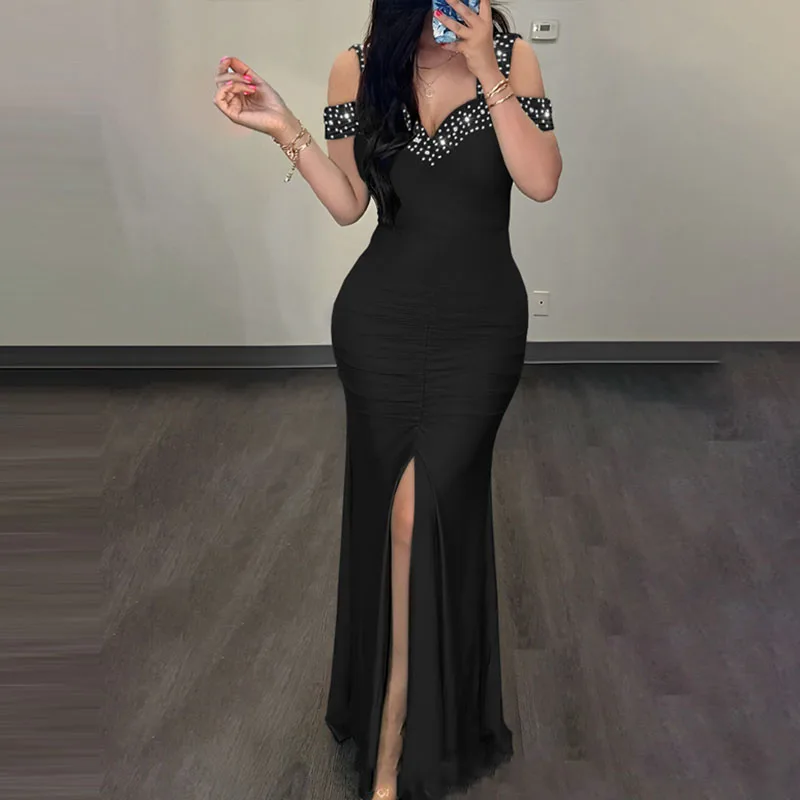 

Elegant Beaded Solid Bodycon Dresses 2023 New Women V-Neck Draped Slim Party Dress Sexy Sleeveless Hollow Out Split Long Dress