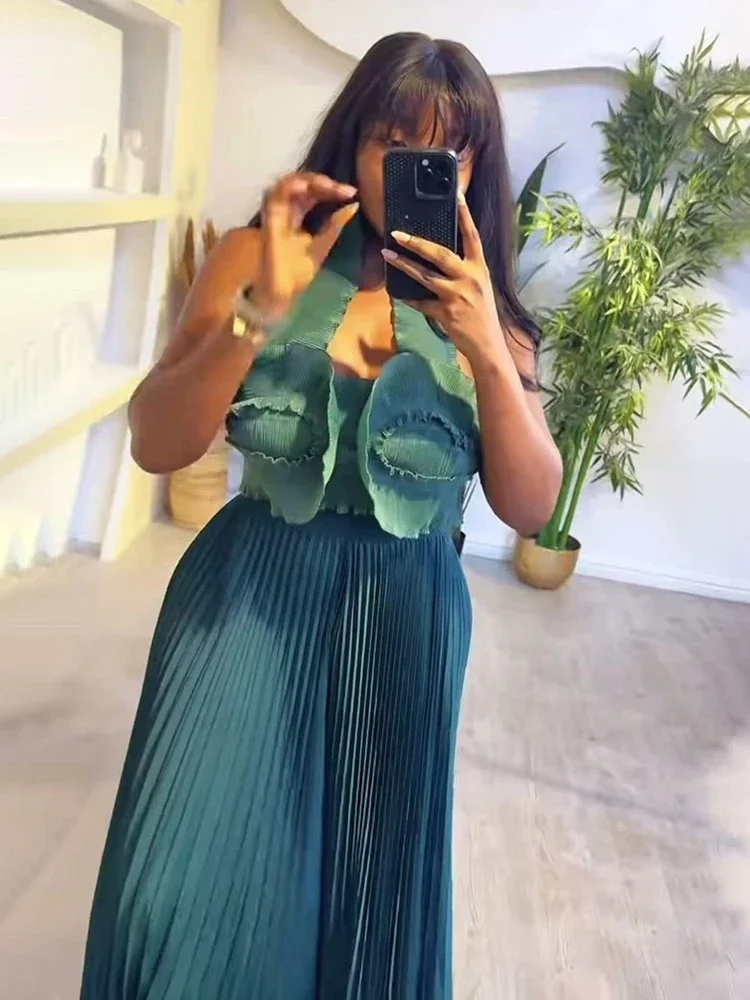 EGRM Плиссированный женский комплект однотонный укороченный топ с лямкой на шее и