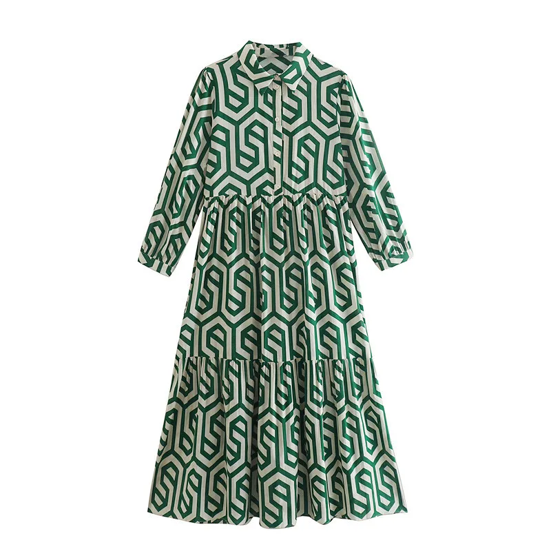 

Women Vintage Geometric Print Dress Pleats Casual Slim Midi Shirt Dress Female Chic Ruffles A Line Vestido Office Ladies Dresses