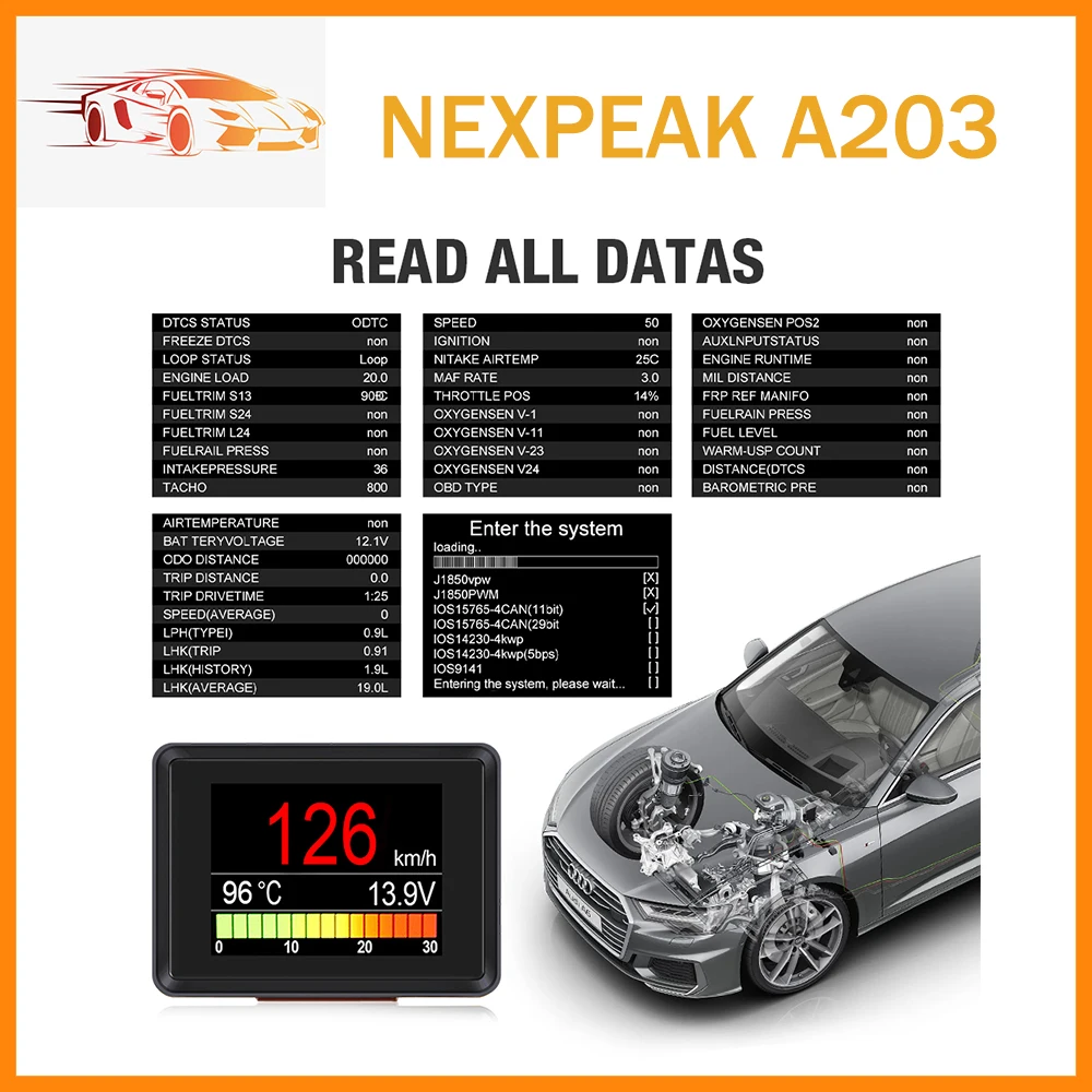Автомобильный бортовой компьютер A203, Автомобильный цифровой OBD 2, спидометр, измеритель расхода топлива, датчик температуры, OBD2