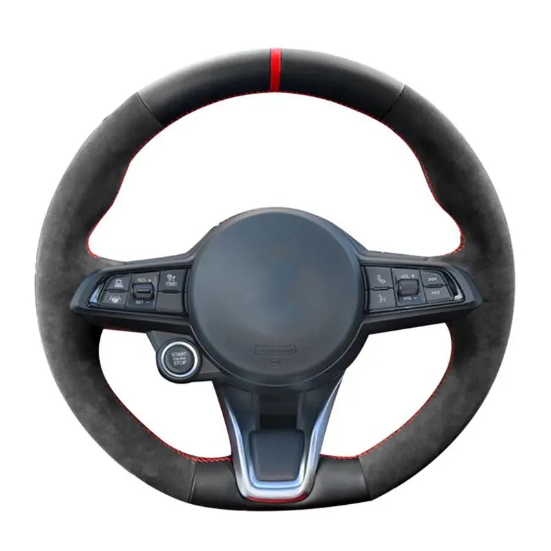 

Hand-Stitched Non-Slip Black Genuine Leather Suede Braid Car Steering Wheel Cover Black Suede For Alfa Romeo Giulia Stelvio