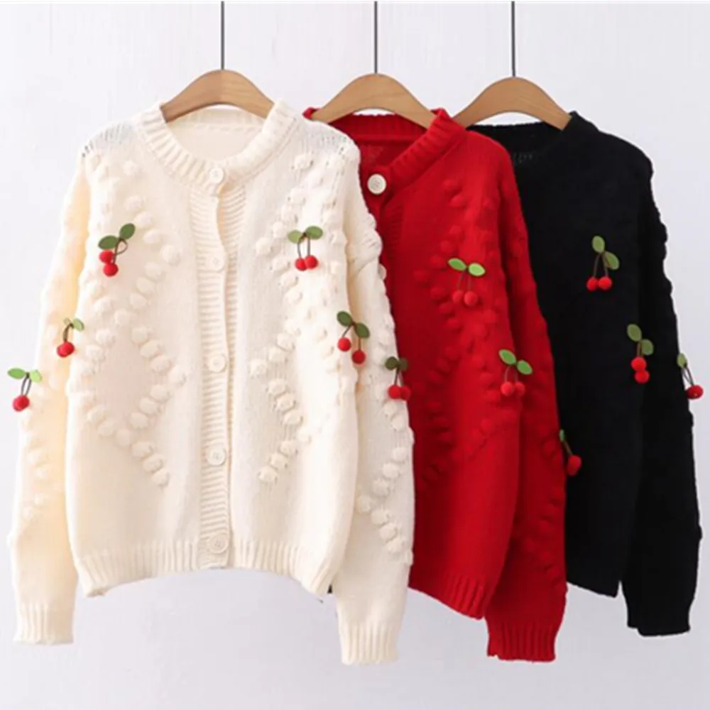 

Embroidered Cardigans Knit Wear Sweet Long Sleeve Single Breasted Coat Autum Winter Kintted Cherry Sweaters Women Cardigan