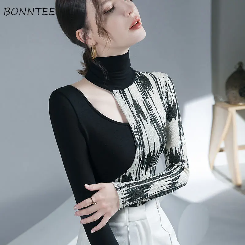 

T-shirt Women Turtleneck Comfortable Hollow Out Minimalist Fake Two Pieces All-match Leisure Popular Korean Style Female Autumn