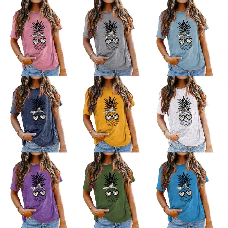 

F42F Women Short Sleeve Loose T-Shirt Pineapple Sunglasses Graphic Beach Party Top