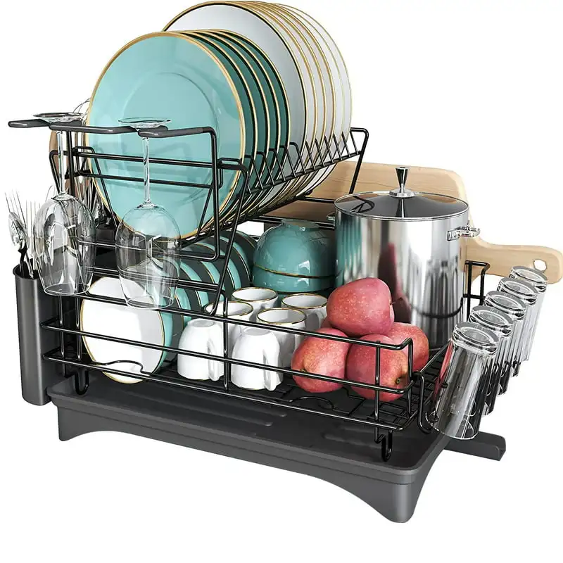 

Dish Drying Rack with Drainboard Set, Stainless Steel 2 Tier Black Dish Rack with Drainage for Kitchen Counter, Large Dish Drain