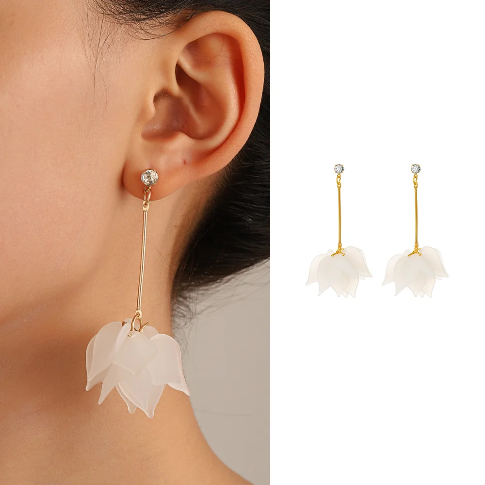 

New flower petal earrings temperament lotus immortal flower piece flower stud female long fringe earrings