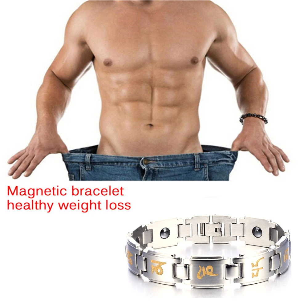 Регулируемый браслет магнитотерапии для похудения с круглым черным камнем, роскошный продукт для похудения из нержавеющей стали.