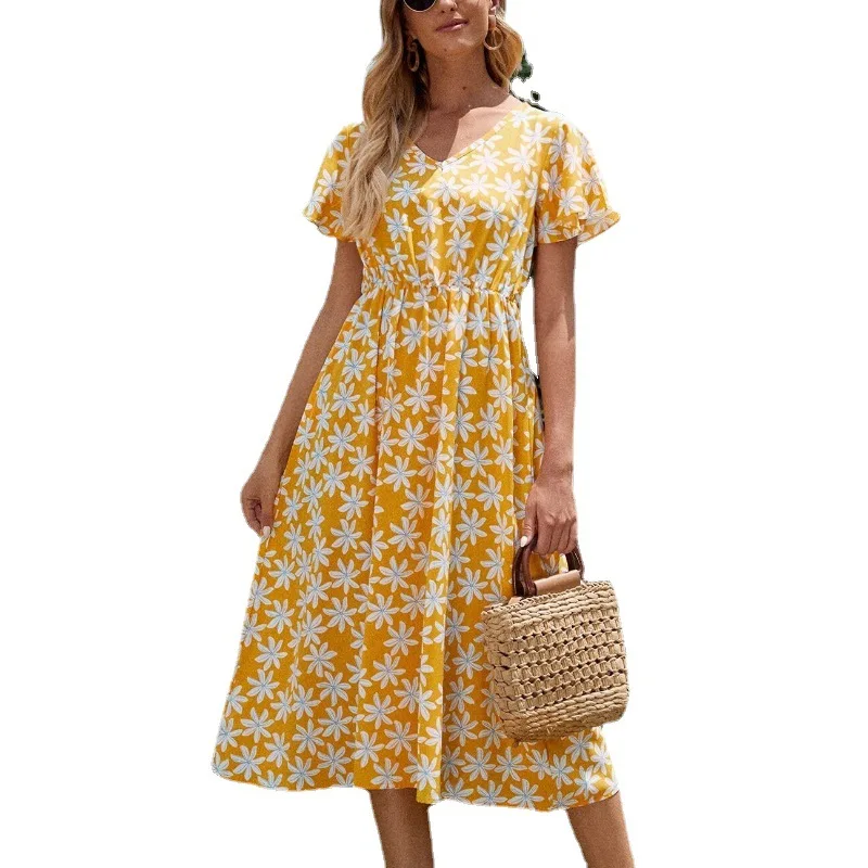 Vestidos Women Elegant A Line Floral Print MIdi Drsss Butterfly Short Sleeve V Neck Sundress Female High Waist Beach Party Dress | Женская