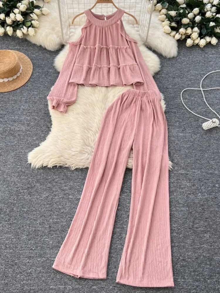 Осенний однотонный комплект из двух предметов с длинными рукавами милый топ