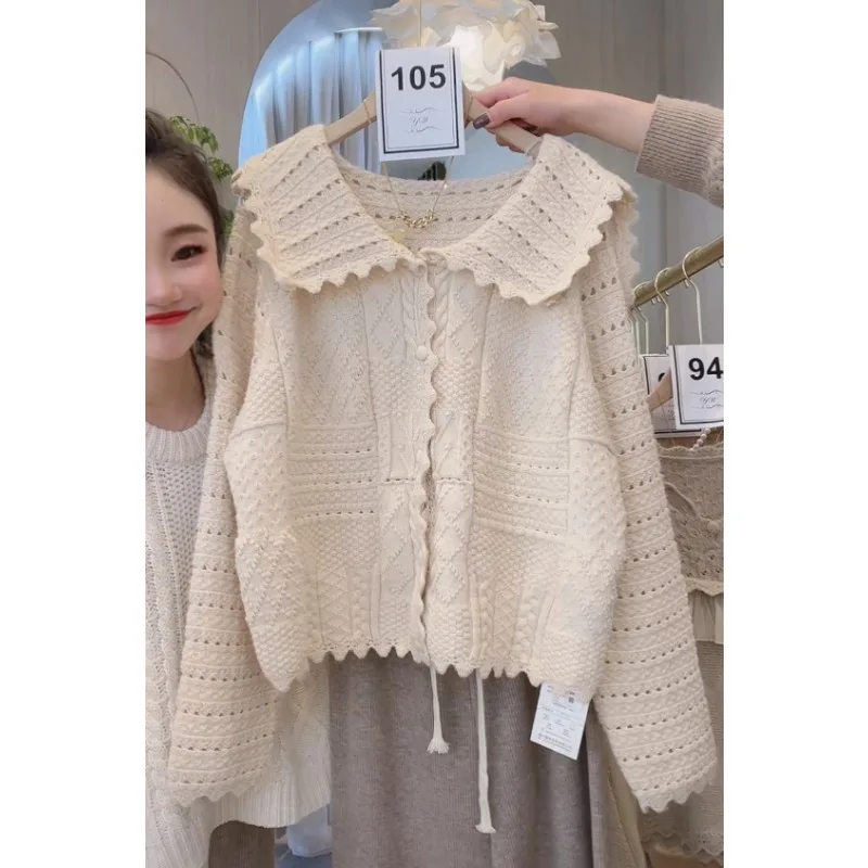 

Новинка Осень-зима корейский темно-синий студенческий вязаный кардиган с вырезом и кружевом свитер пальто Топ для девочек