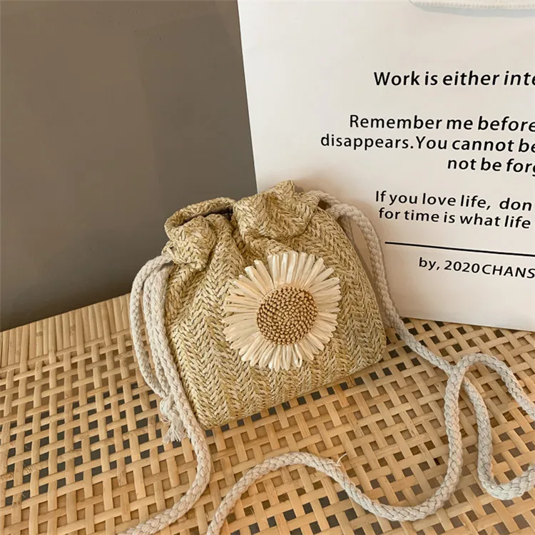 

Women's Bag Summer Beach Straw Bags Classic Texture Sunflower Drawstring Woven Bucket Crossbody Shoulder Handbags Сумка Женская