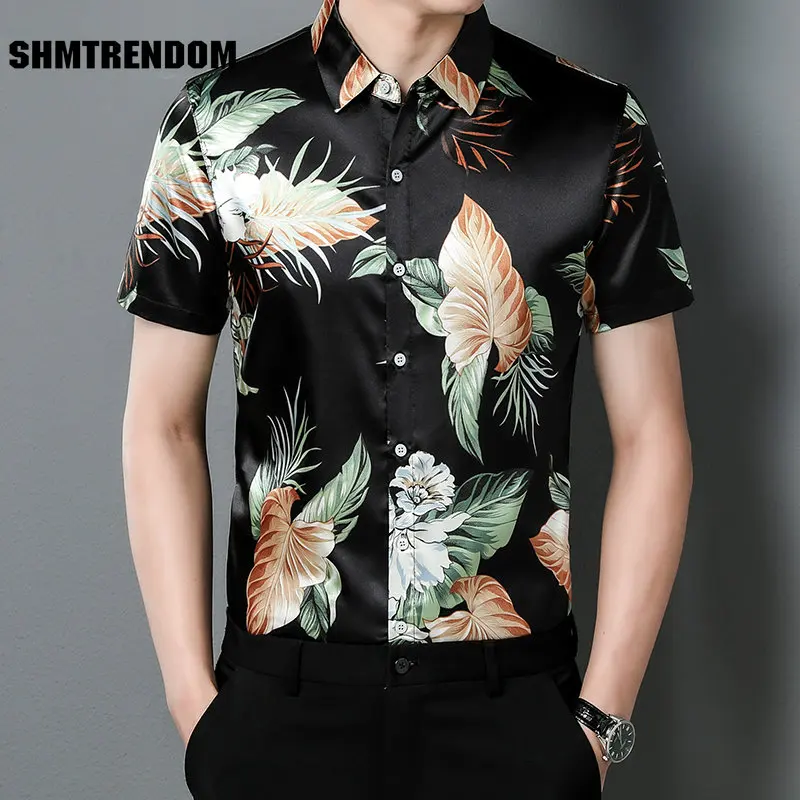 

3D Floral Leaves Digital Print Wash And Wear Short Sleeve Men Shirt Summer New Quality Smooth Comfortable Silky Camisa Masculina