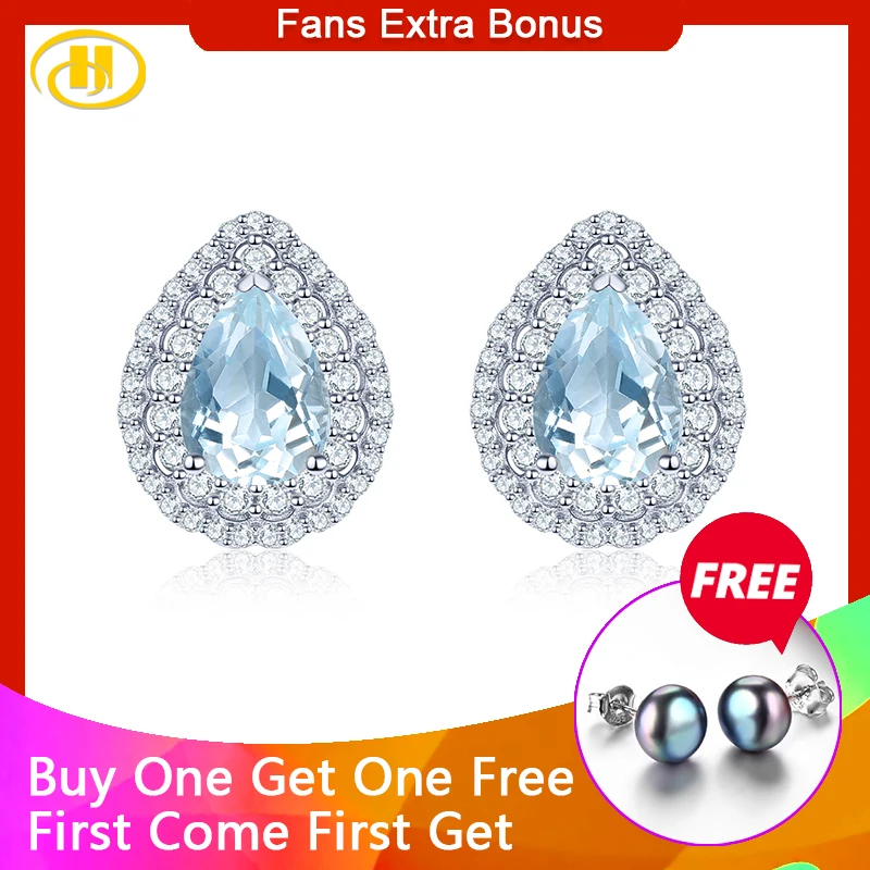 

Hutang Solid 925 Sterling Silver Stud Earrings Natural Sky Blue Topaz Earring Fashion Style Fine Jewelry for Young Girl's Gift