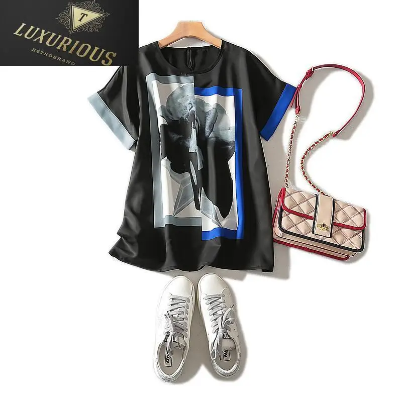 

Женская шифоновая футболка с коротким рукавом, круглым вырезом и принтом