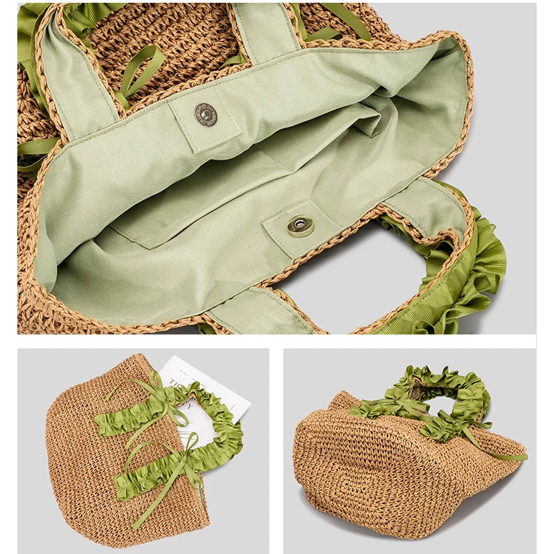 Elegant Ruched Handle Straw Women Handbags Paper Woven Tote Bag Handmade Summer Beach Bags Casual Bali Female Purses 2023