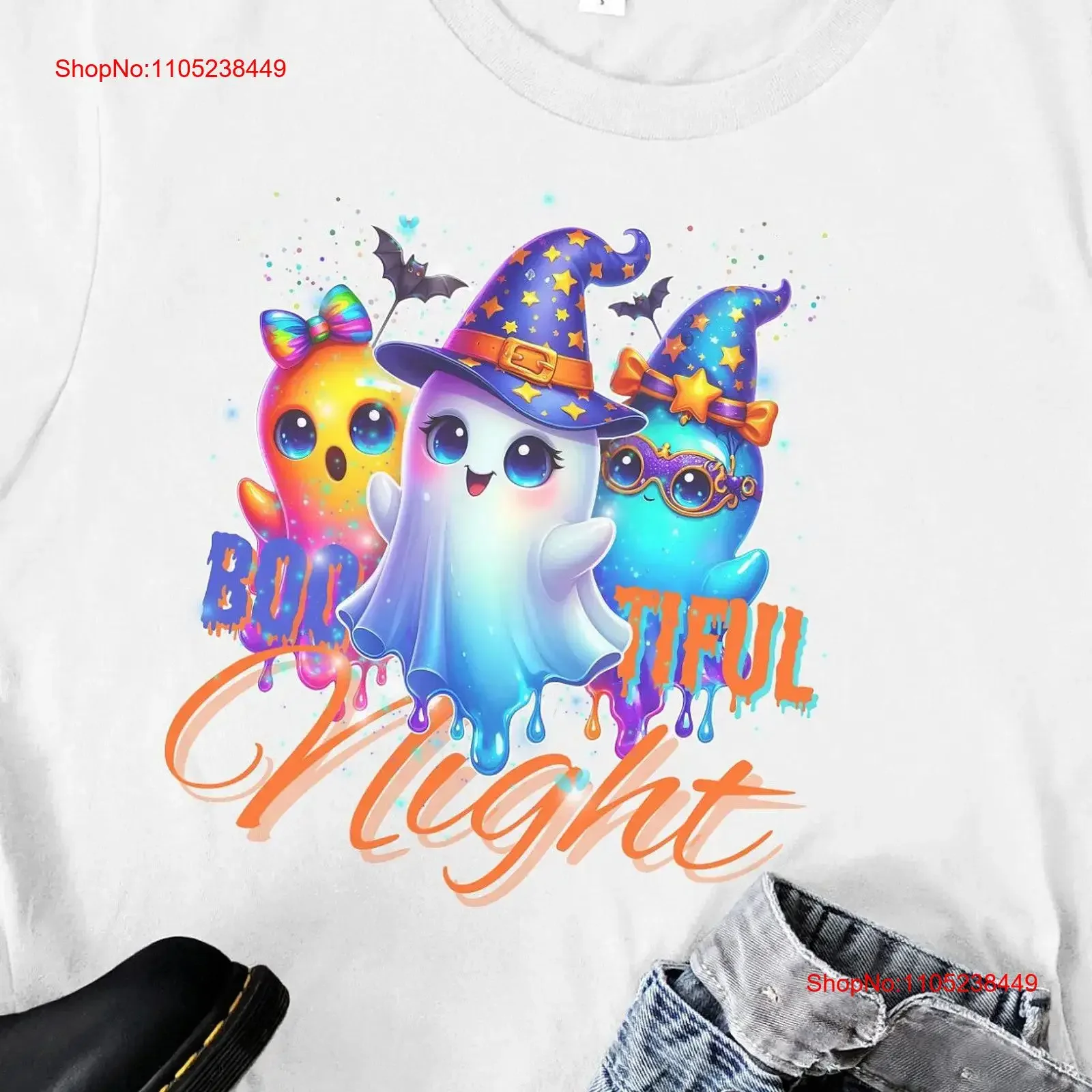 Фото Футболка Ghostly Glam Boo tiful Crew Spooky Season: комфортная, высококачественная, винтажная, с эффектом потертости, унисекс, от Bella Canvas, осенняя коллекция. №1