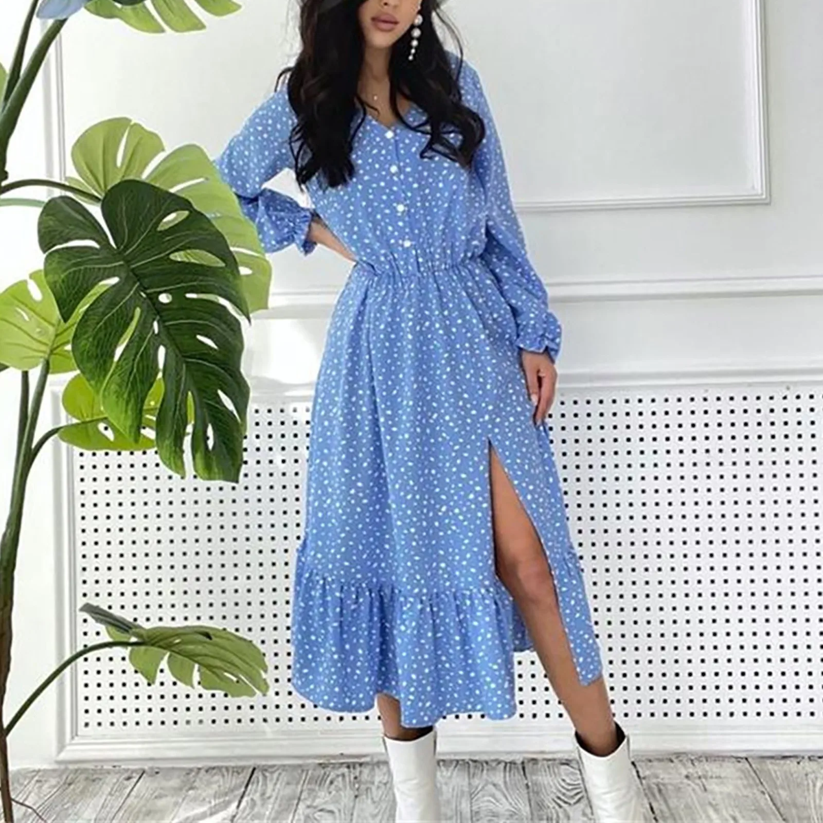 

Spring Boho Dot Print Long Dress Elegant Ladies Button V Neck Slits Ruffle Holiday Vestidos French Vintage Maxi Dress Femme Robe