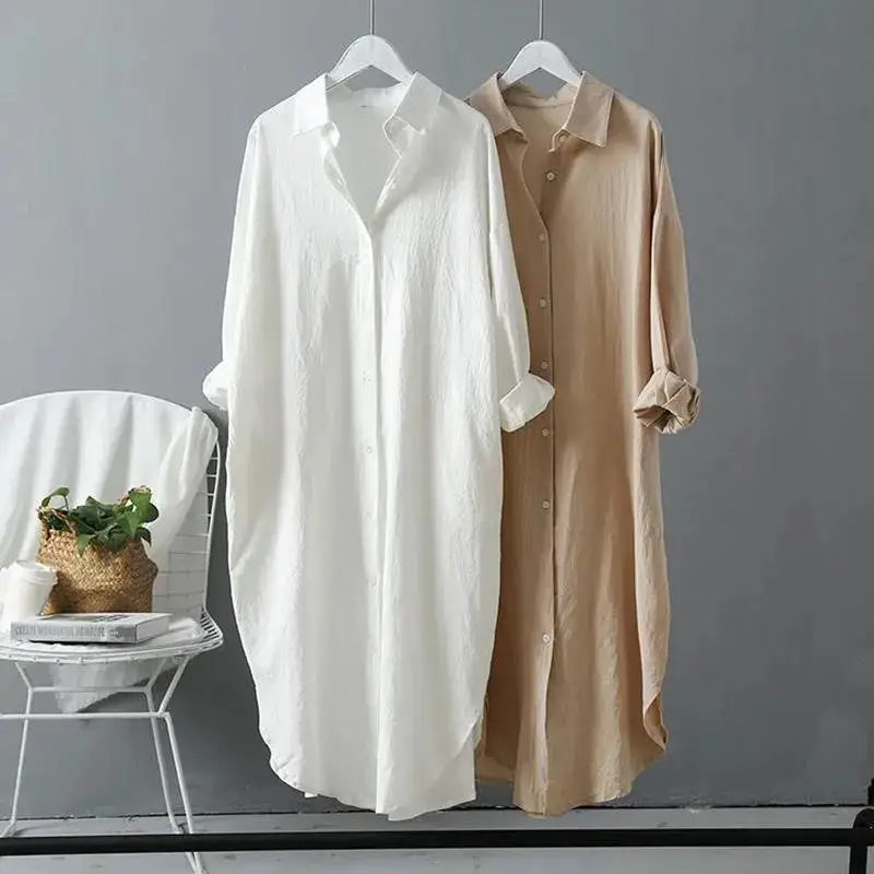 BTFG New Autumn Cotton Blouse Long Shirt Oversized Fashion Casual Tunic Ladies Loose Slim Elegant White Shirt Petticoat Women