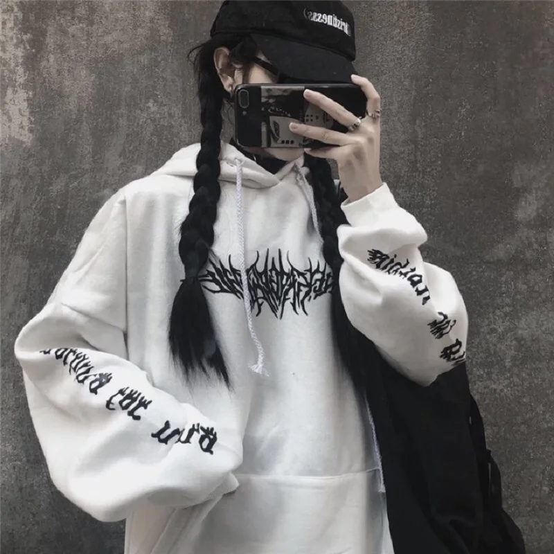 

Dark Streetwear Letter Gothic Sweatshirt Harajuku Letter Print Loose Hip Hop Women Long Sleeve Ulzzang Hooded Sweatshirt