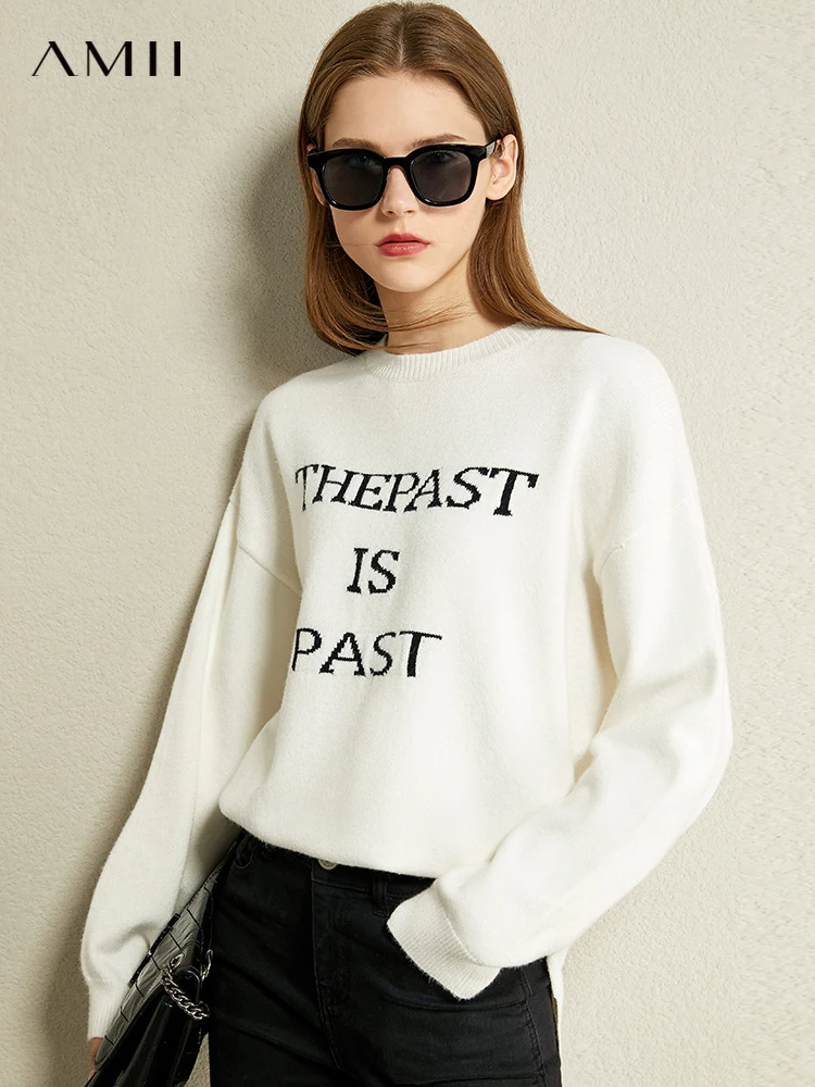 

AMII Minimalism Women's Sweater Autumn Winter New Oneck Pullover Casual Loose Letter Women Knitted Tops Female Clothes 12141043