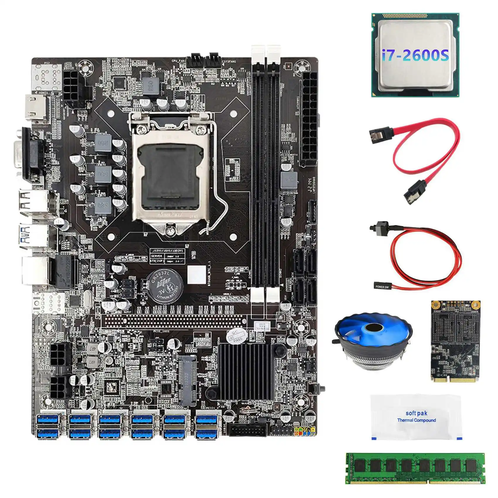 

B75 BTC Mining Motherboard 12USB+I7 2600S CPU+DDR3 4GB 1600Mhz RAM+128G SSD+Fan+Switch Cable+SATA Cable+Thermal Grease
