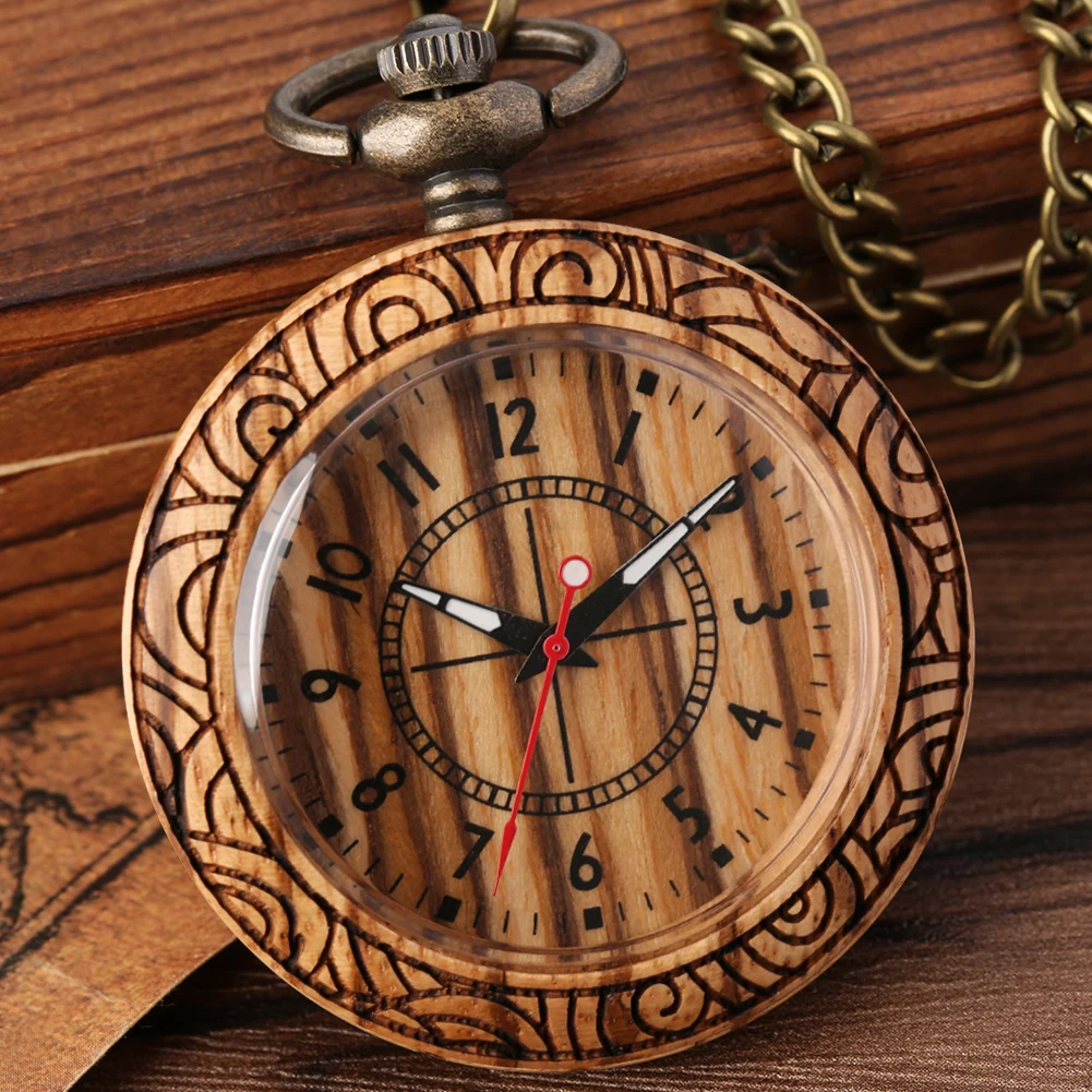 

Wooden Pocket Watch Pendant Luxury Zebra Wood Quartz Watch Pattern Shell Edge Birthday Gift for Women Men Relógio De Bolso