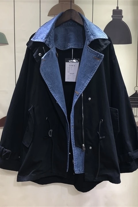 2023 Autumn Fashion Casual Fleece Folded Stand Collar Long Sleeve Denim Stitching Straight Jacket Women