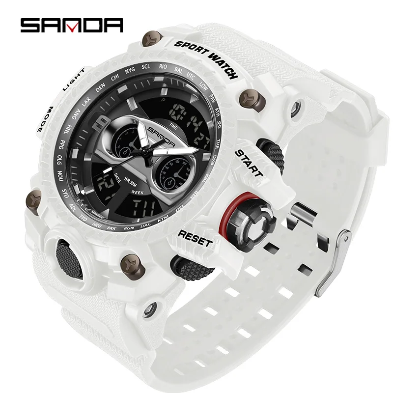 

Электронные мужские часы SANDA светодиодный, Цифровые кварцевые часы для спорта на открытом воздухе, водонепроницаемость 50 м, будильник с двойным временем, мужские военные часы