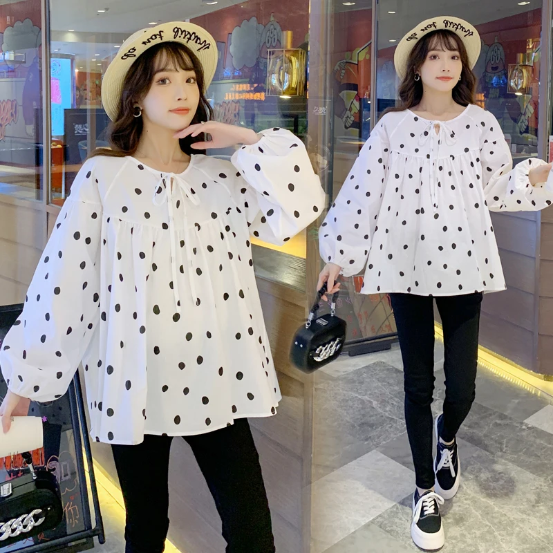 

522# Polka Dot Printed Cotton Maternity Blouse Chic Ins White Loose Shirt Clothes for Pregnant Women Spring Cute Pregnancy Tops