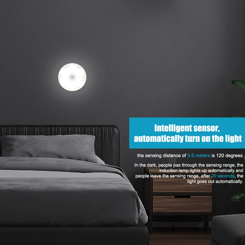 

Kitchen Round Intelligent USB Rechargeable LED Night Light Human Body Induction Gift Safe Motion Sensor Wall Closet Dimmable
