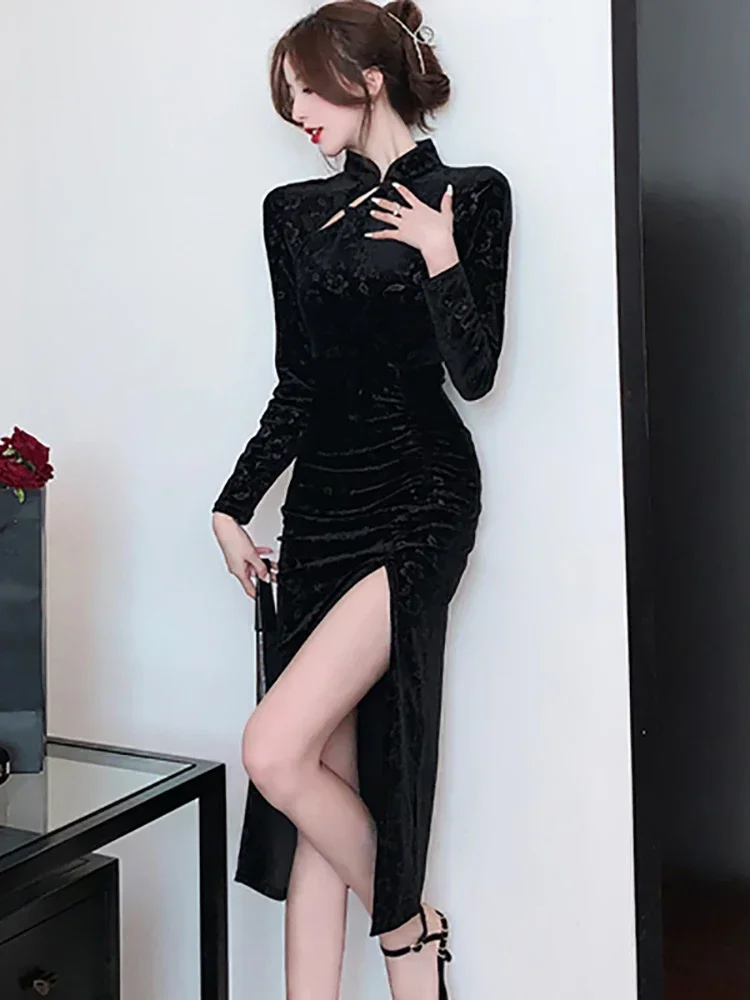 2024 черное бархатное жаккардовое длинное платье с цветочным рисунком женское