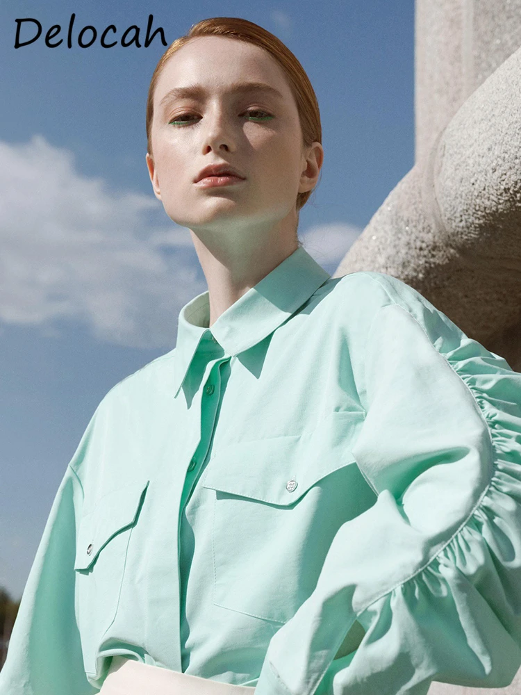 

Delocah High Quality Spring Women Fashion Runway Solid Blouses Lantern Sleeve Gorgeous Ruffles Pockets Loose Shirts Cotton Tops