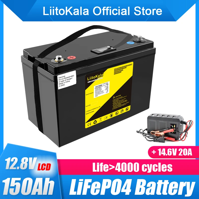 LiitoKala Lifepo4 12.8V 12V 150AH Lithium Battery 100A BMS for 1200W Boats Solar Energy Storage Golf Carts RV Inverter 14.6V20A