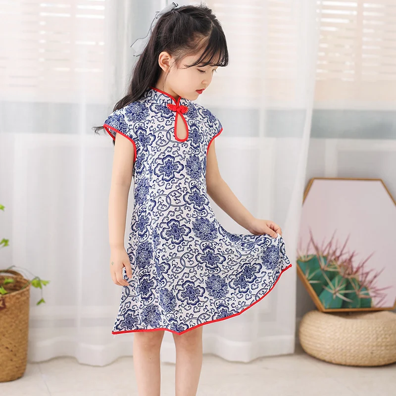 

Чонсам для девочек, летнее платье, в китайском стиле, с коротким рукавом, приталенное, платье Тан, детское обновленное Старинное платье, для ...