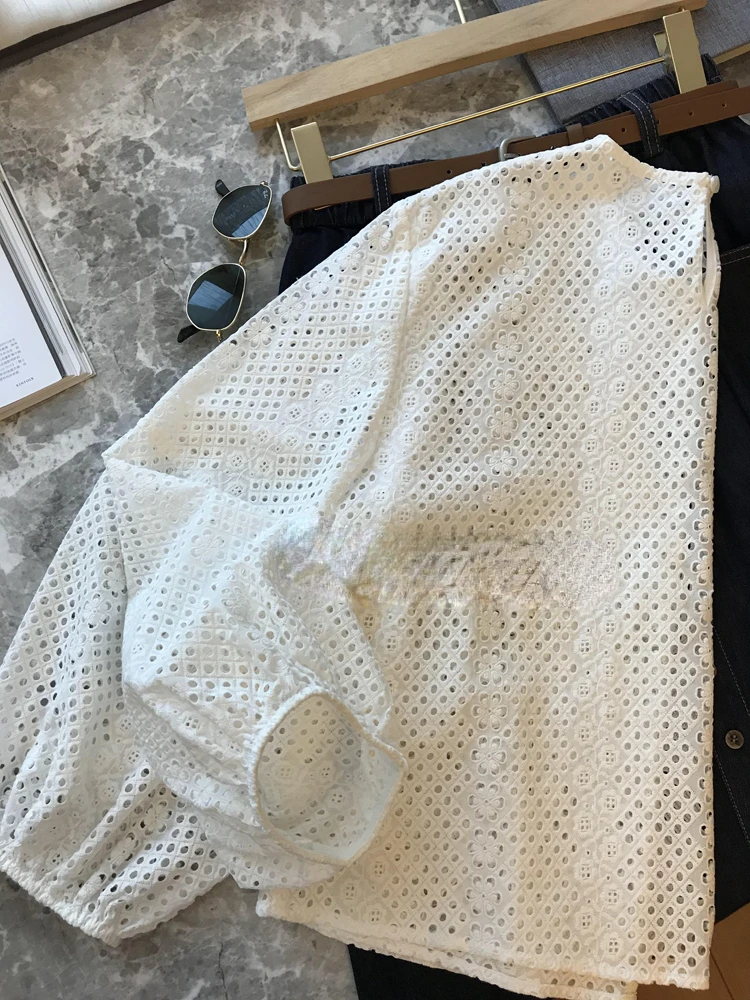 Женская винтажная блузка с круглым вырезом белая ажурная рубашка цветочной